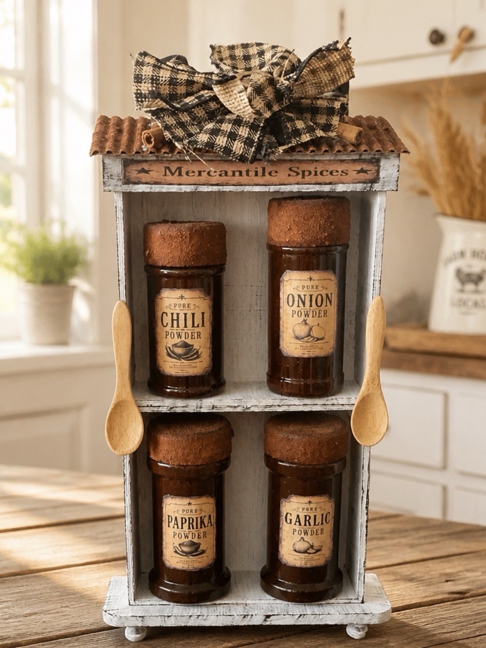 HANDCRAFTED Rustic White Wooden Spice Rack with Brown Glass Jars - Home Kitchen